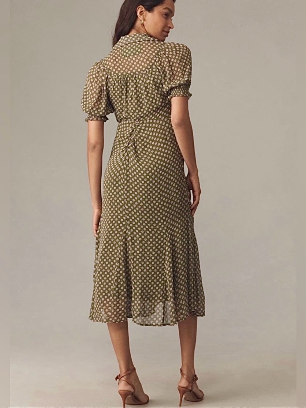 Anthropologie Puff-Sleeve Ruched Mesh Midi Shirt Dress 12 May fit 10 - Picture 3 of 10